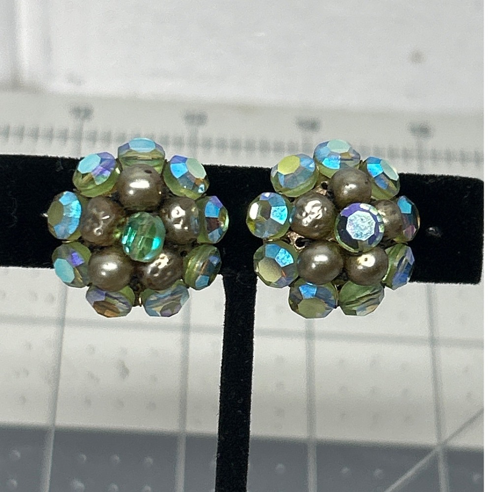 Vintage Vogue Clip On Earrings Signed Aurora Borealis Crystal Cluster Jewelry